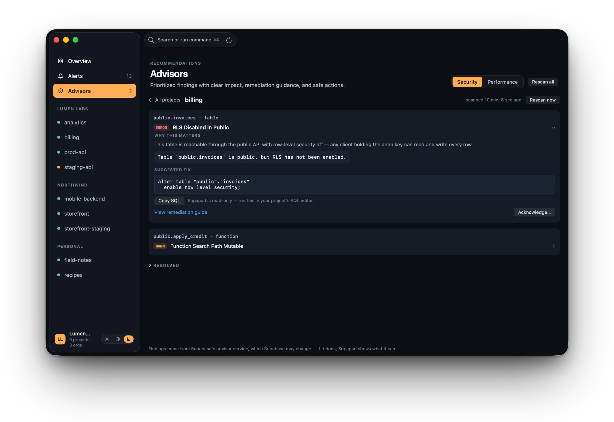 Supapad Advisors screen for the billing project: an error finding “RLS Disabled in Public” on public.invoices with why it matters, the suggested fix SQL, a Copy SQL button and a note that Supapad is read-only.