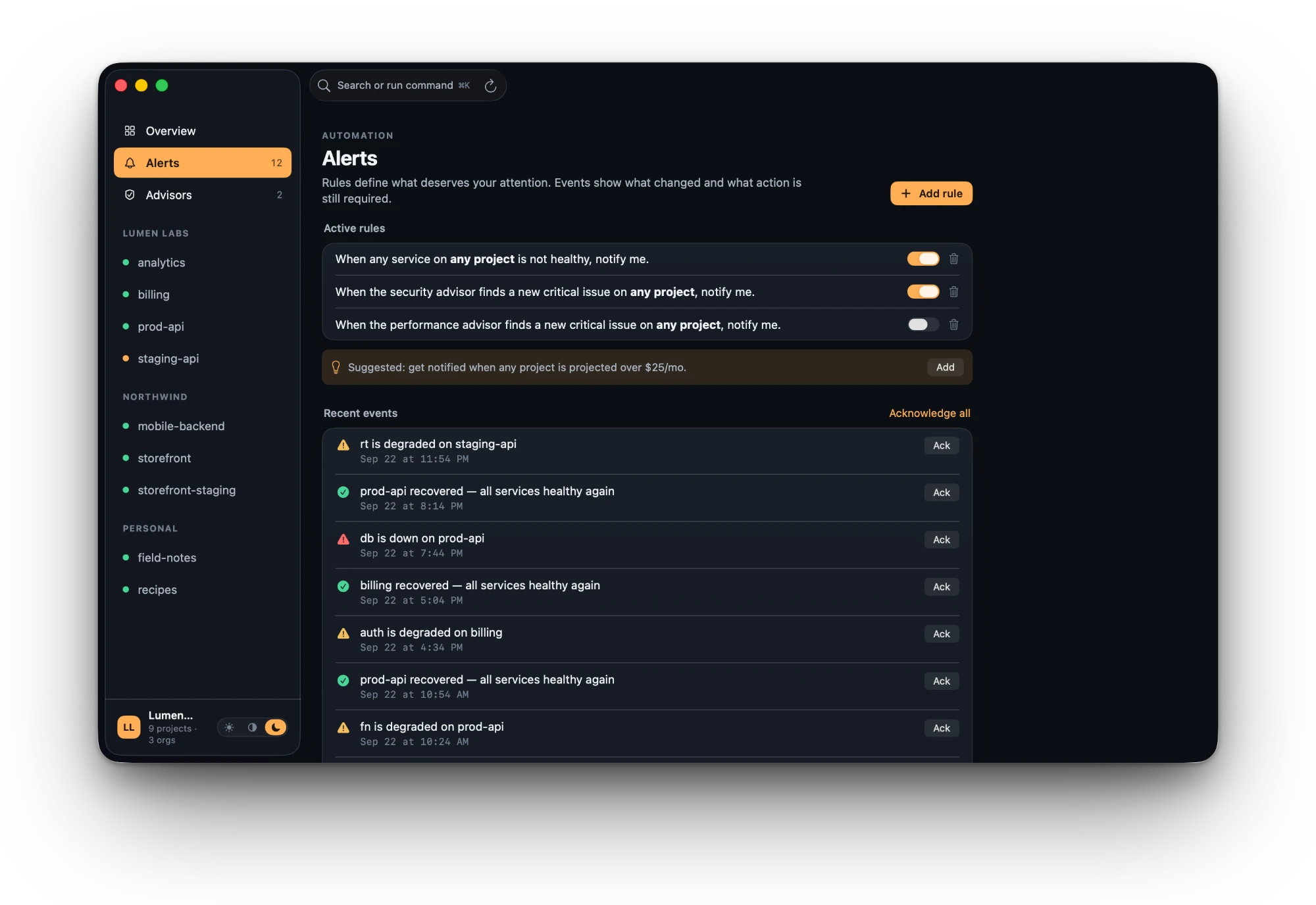 Supapad Alerts screen: three rules written as sentences with toggles, a suggested spend rule, and a feed of recent events such as “db is down on prod-api” and “prod-api recovered”, each with an Ack button.