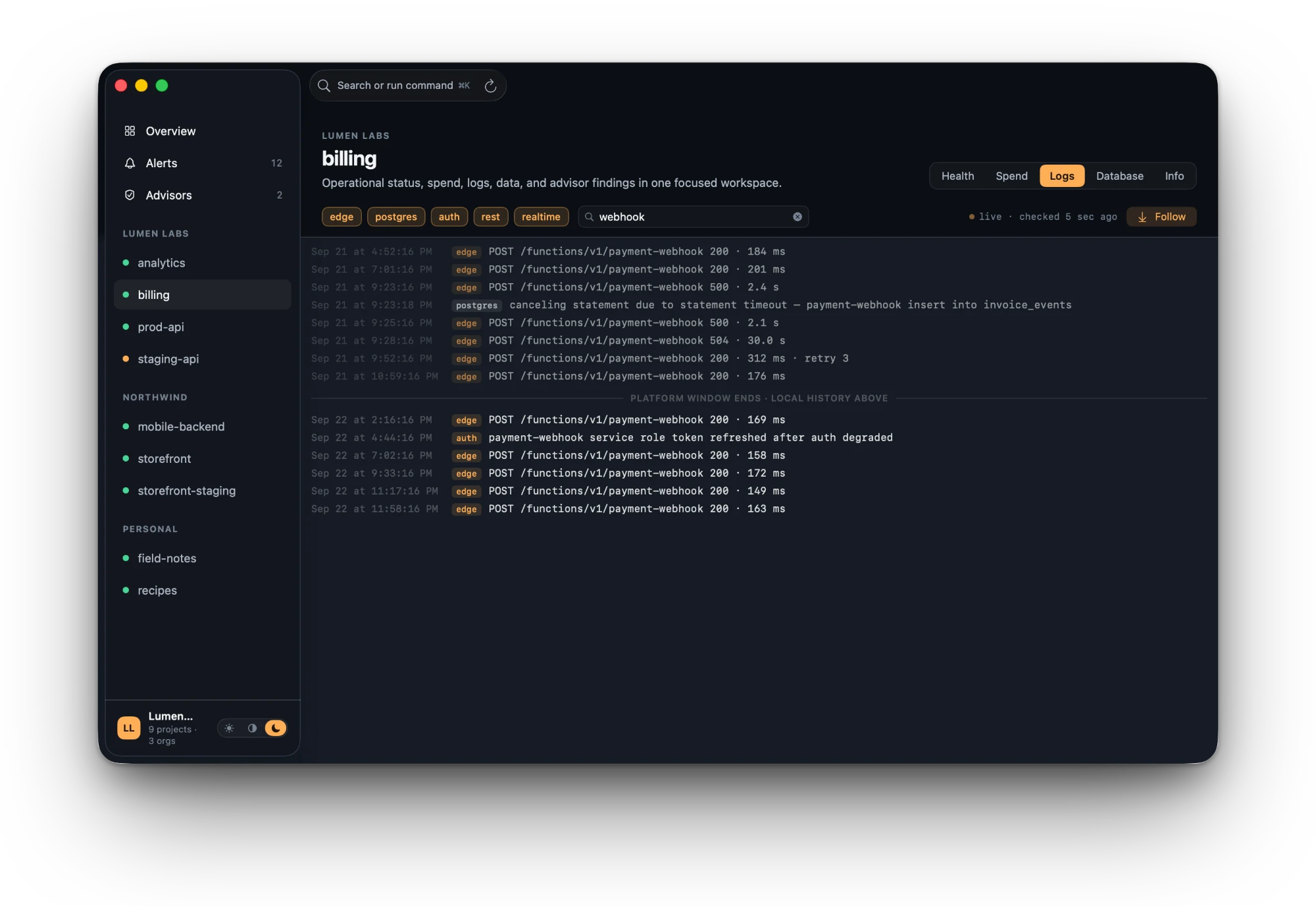 Supapad Logs tab filtered to “webhook”: edge, postgres and auth log lines with timestamps, a 504 and a statement timeout, and a divider reading “platform window ends · local history above”.