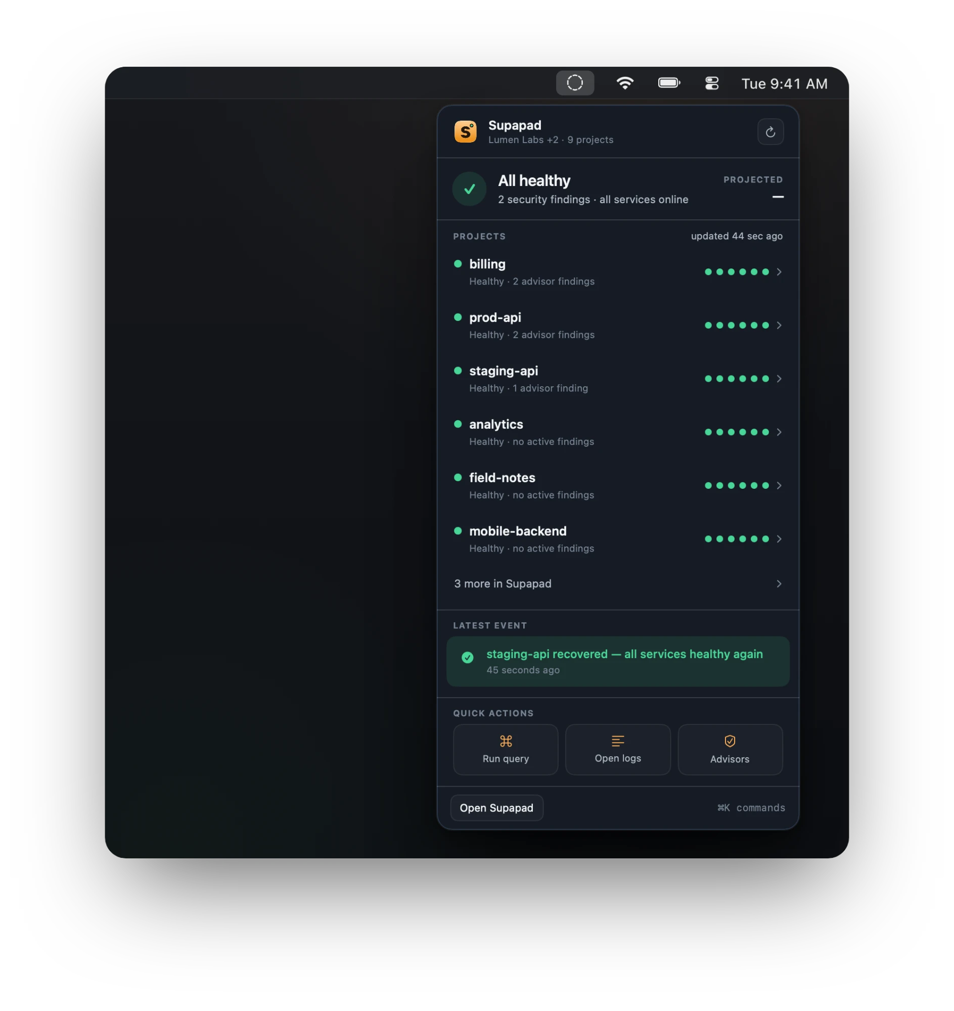 The Supapad menu bar popover: an “All healthy” summary, six project rows with green service dots, the latest event “staging-api recovered”, and quick actions for Run query, Open logs and Advisors.